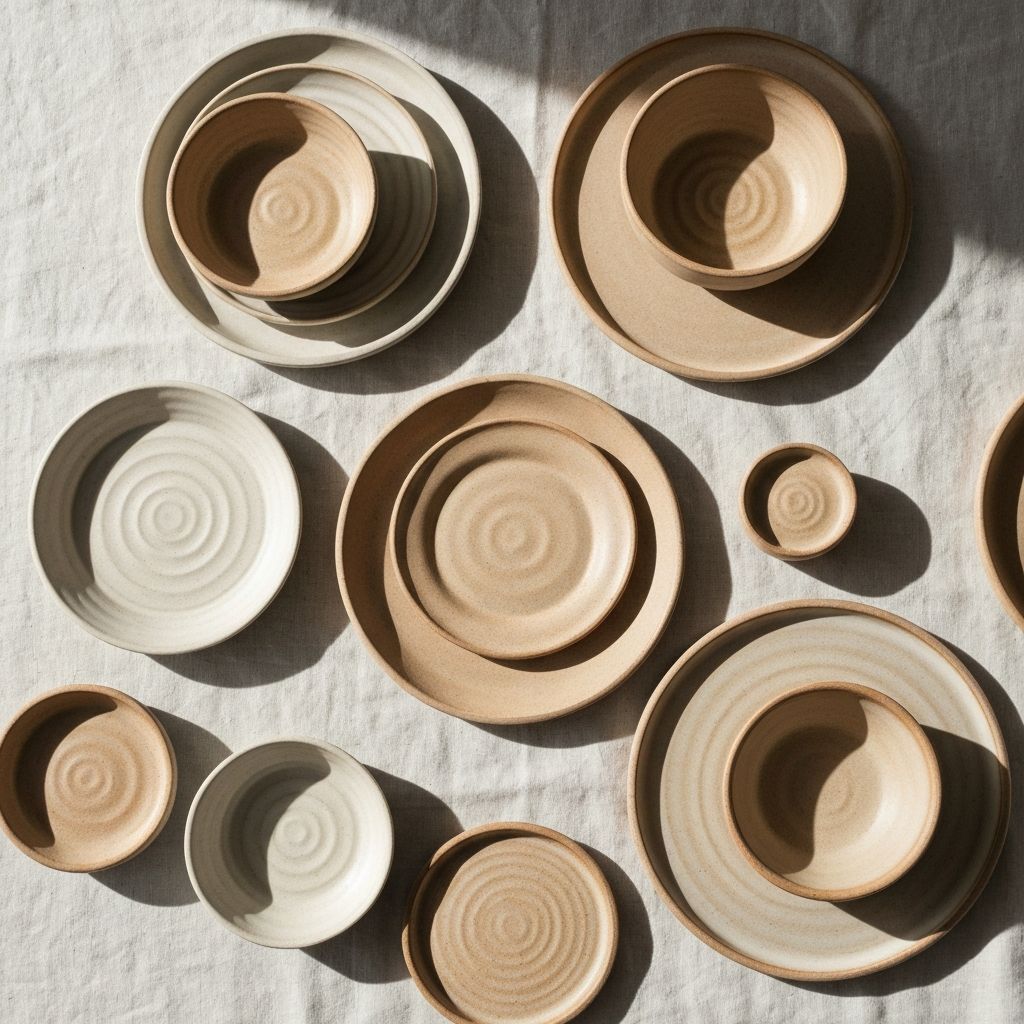 Ceramic plates arranged on linen