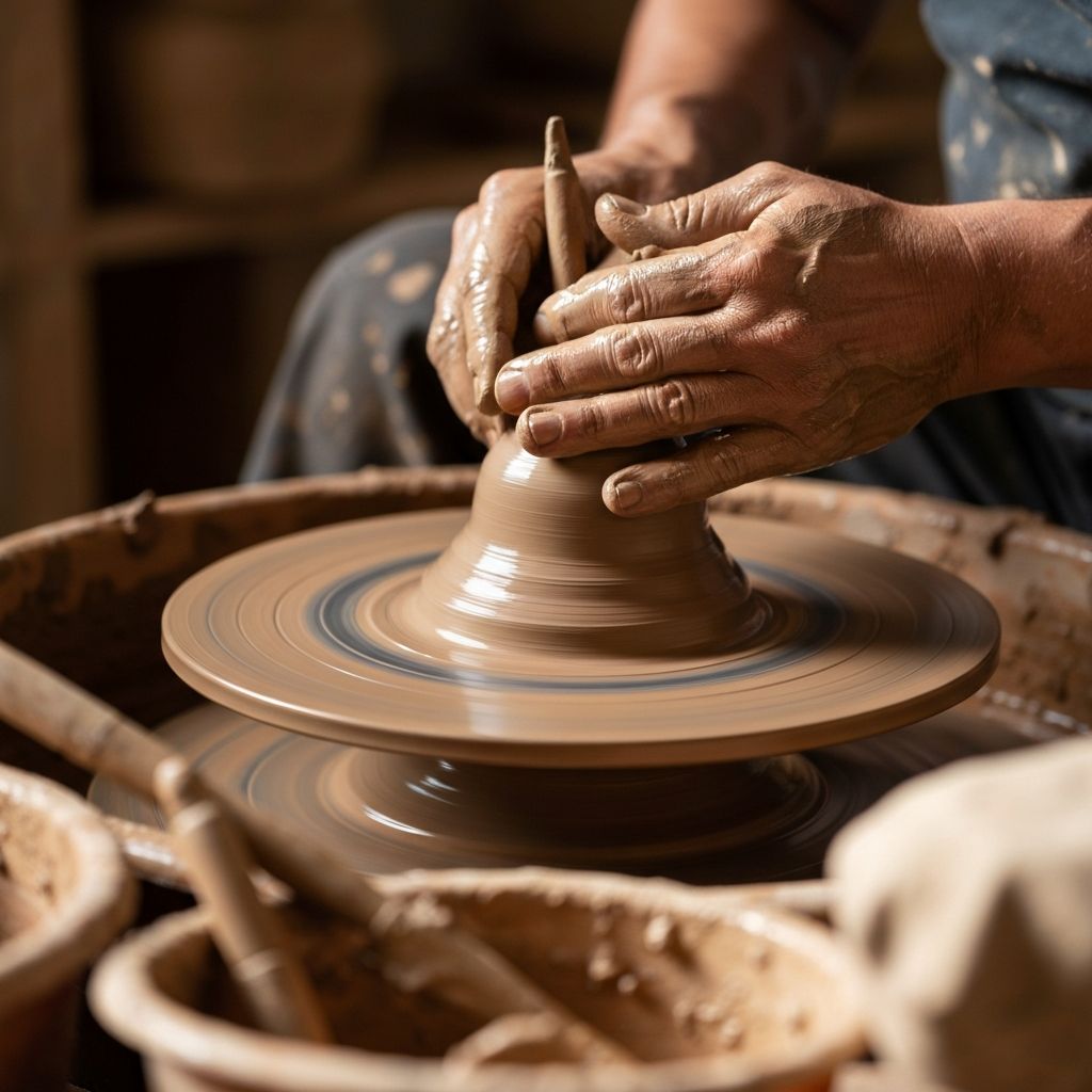 Hands shaping clay on a pottery wheel